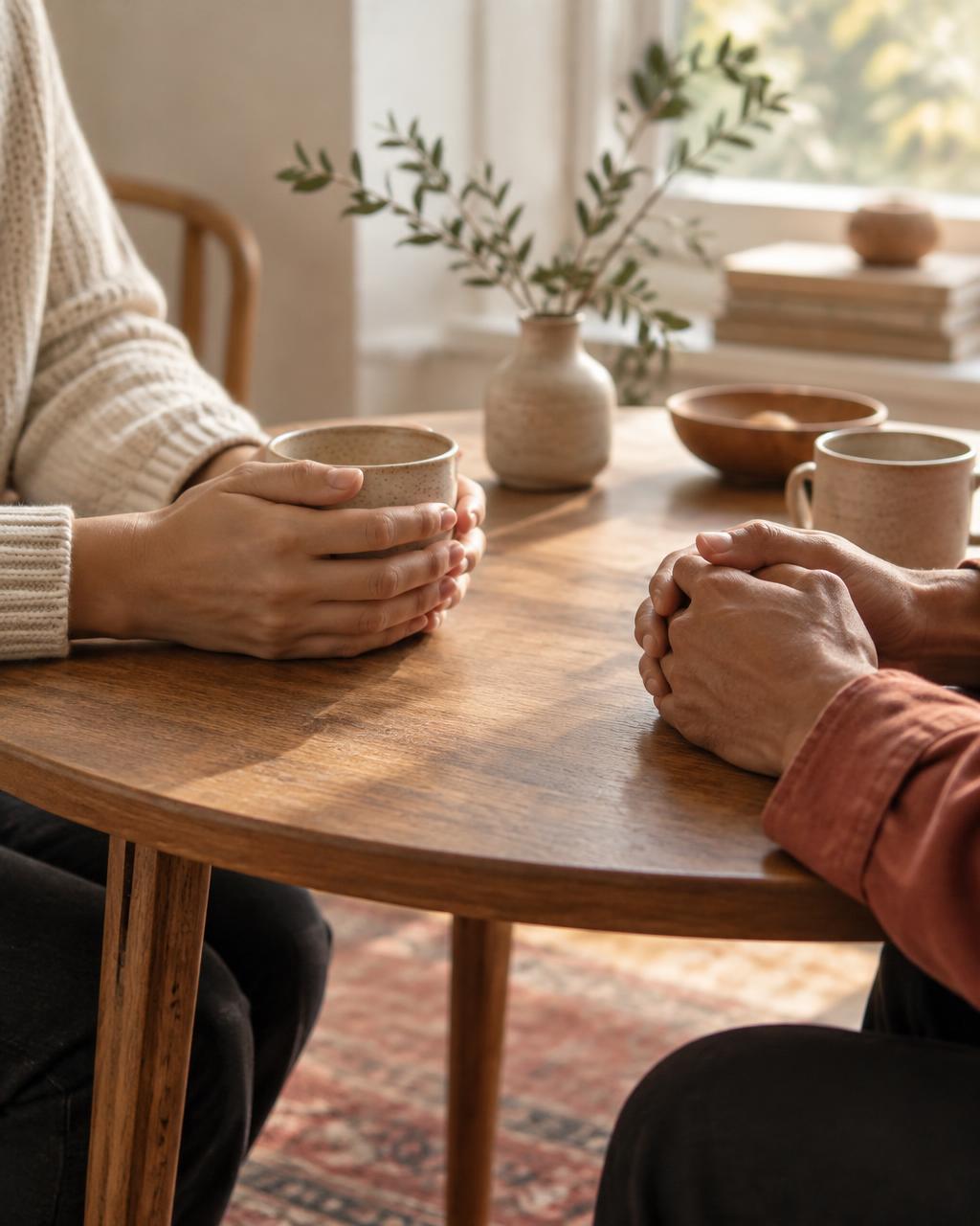 Two people at a table, one holding a cup of tea, in a listening moment