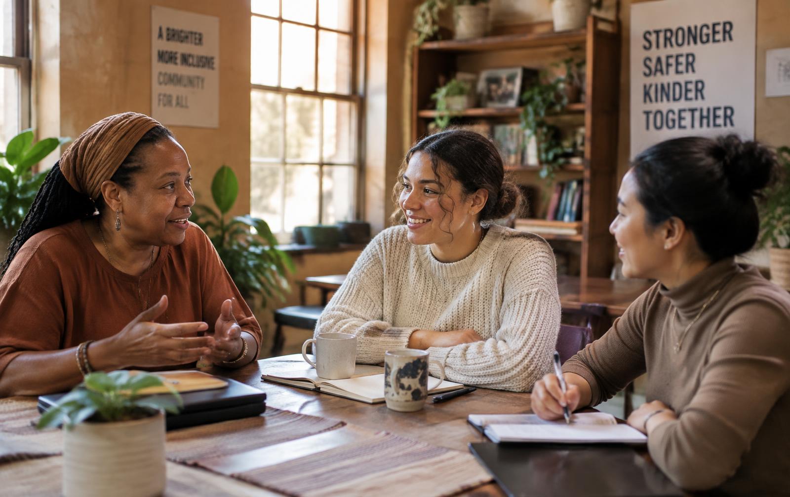 A mentor in warm conversation with two younger professionals
