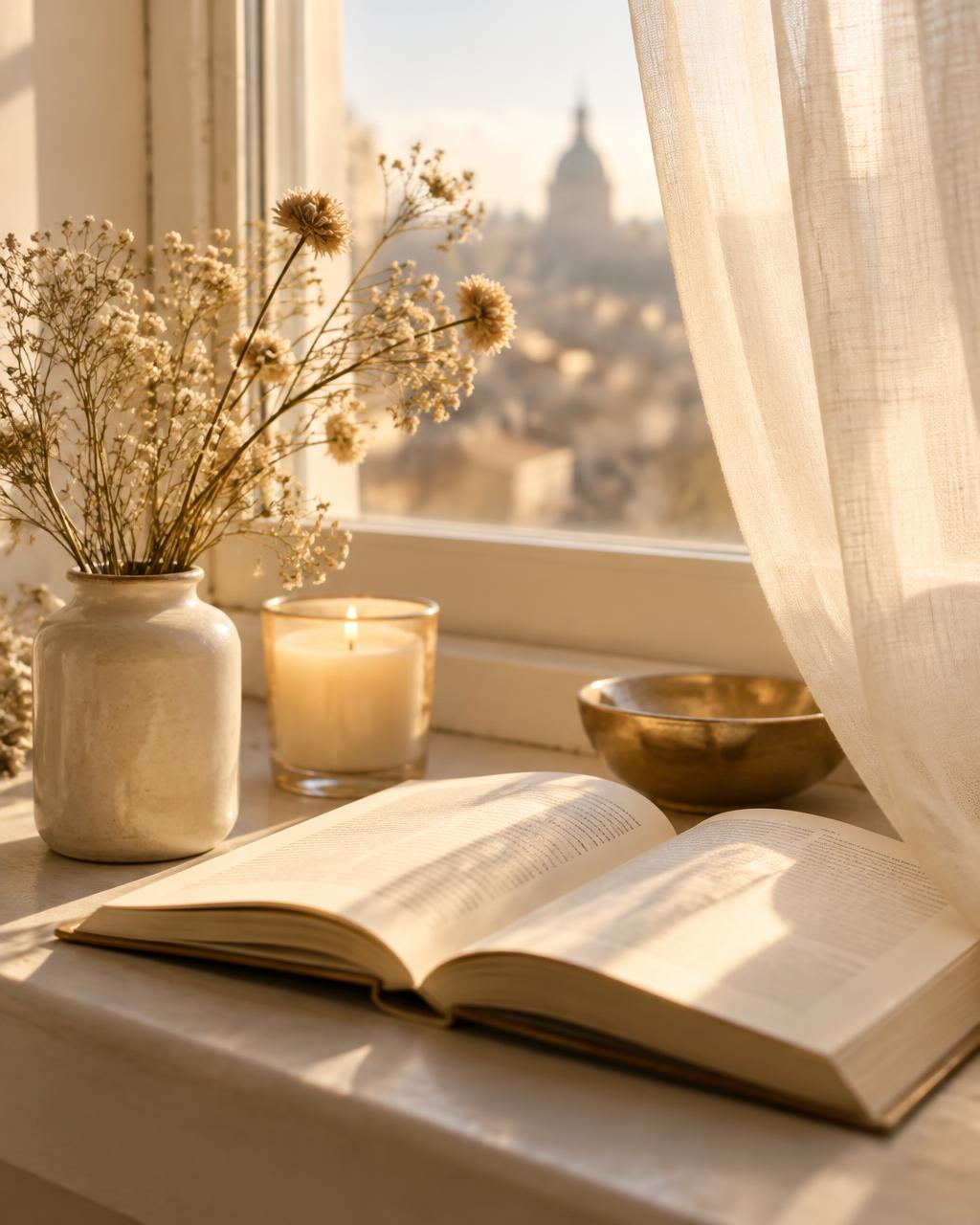 Morning light on a windowsill with an open book, candle and dried flowers
