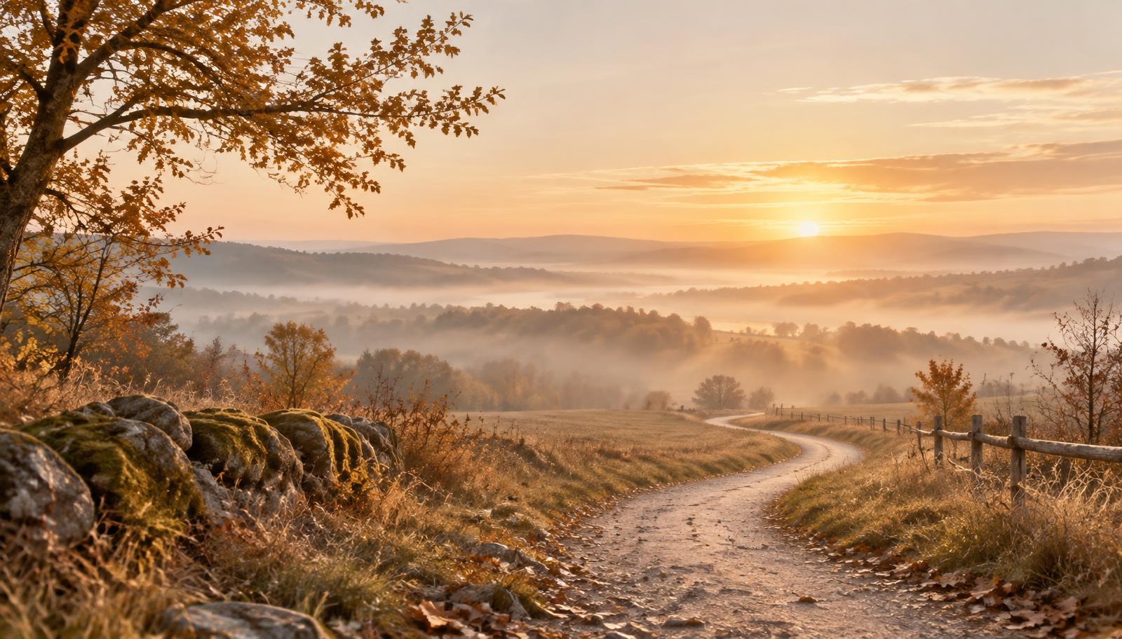 A winding autumn path leading toward a soft sunrise