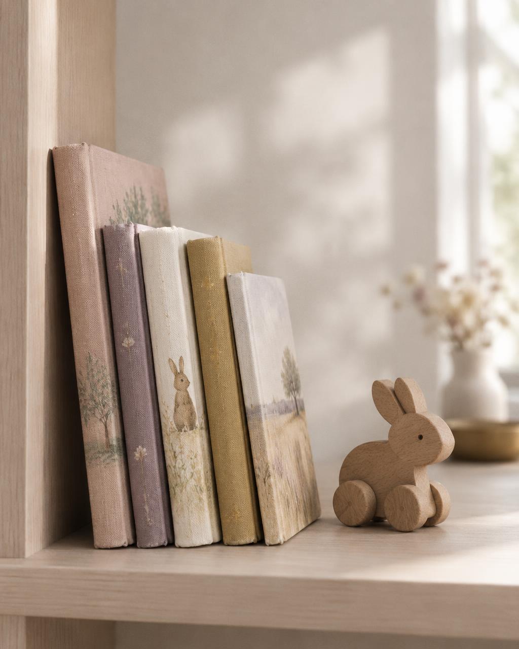 A small stack of children's picture books leaning against a pale wooden shelf