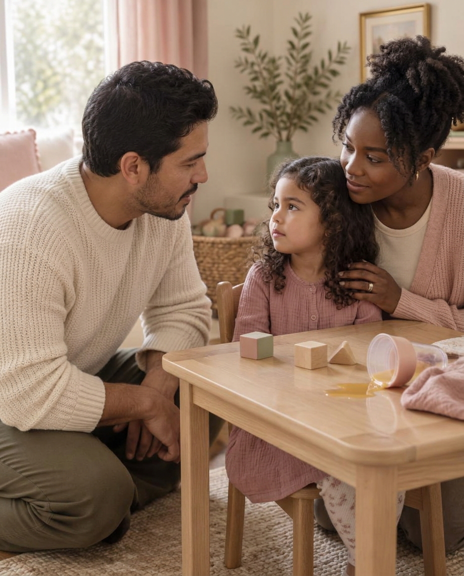 A mother and father kneeling at eye level with their young daughter between them at a small wooden table, speaking calmly after a spilled cup