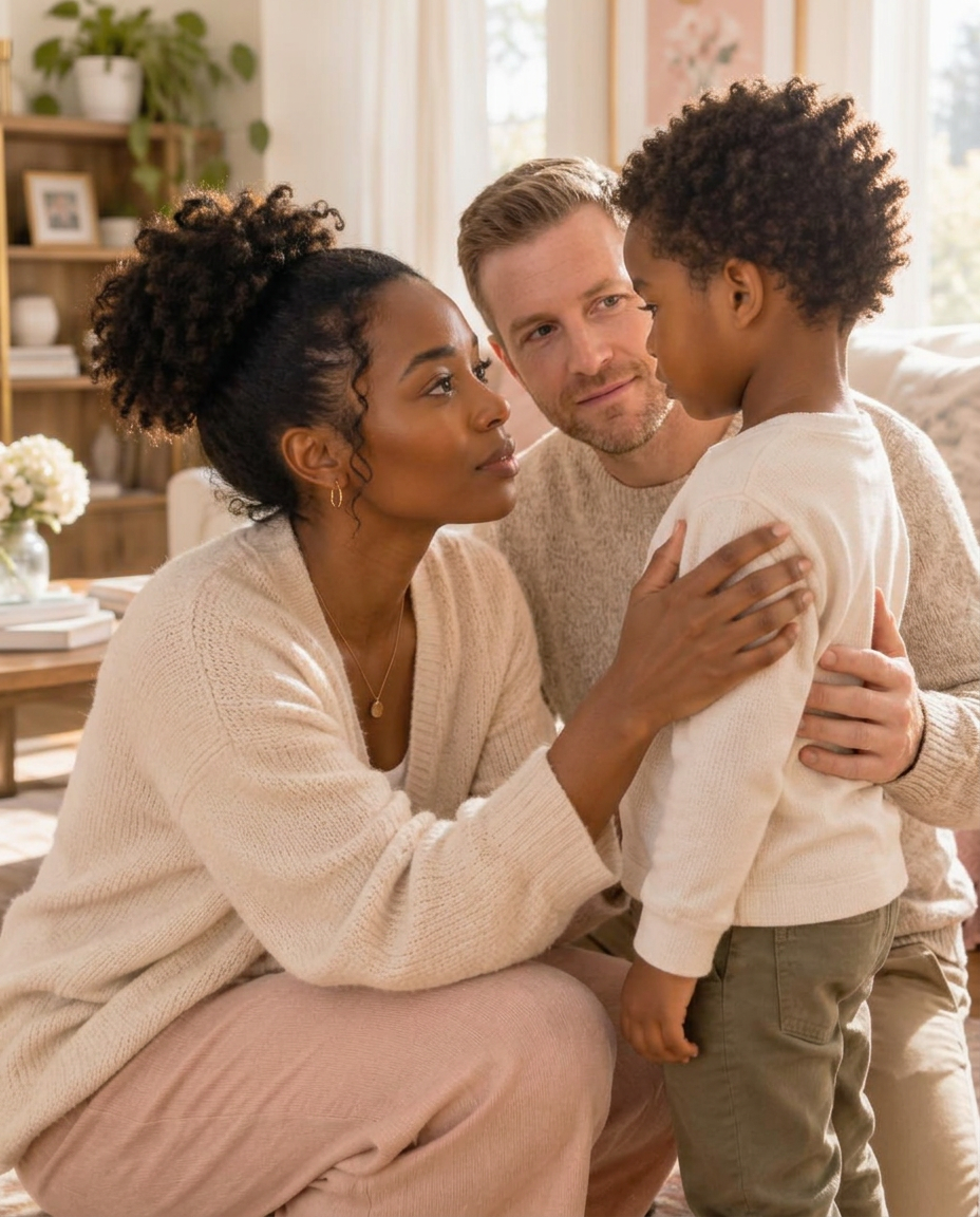 A mother and father kneeling at eye level with their young son between them, speaking calmly