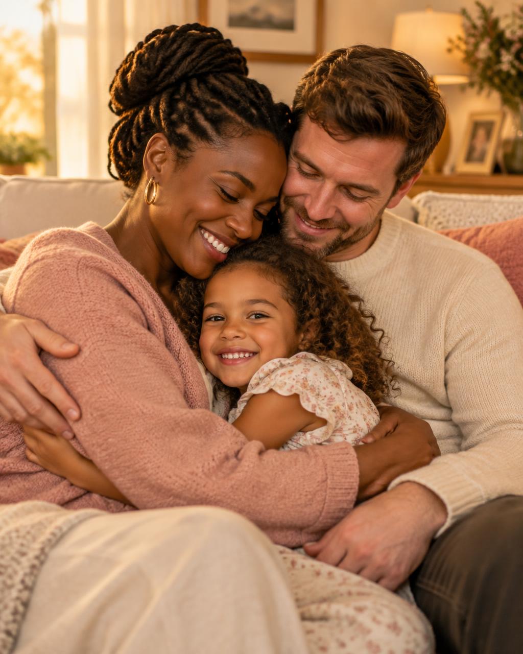 A mother, father and young daughter hugging on the sofa after making up