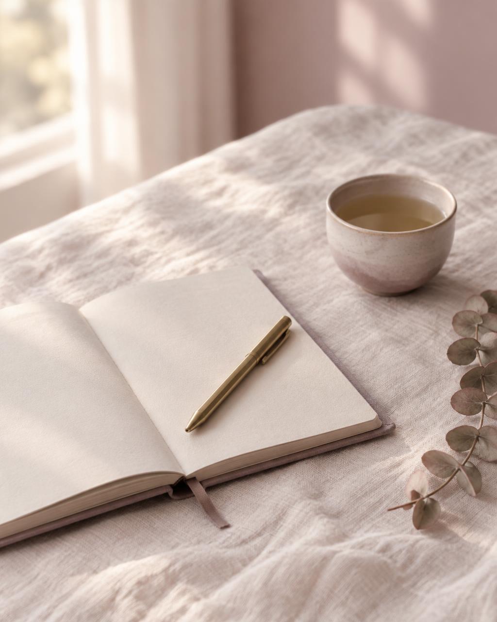 An open notebook with a pen and a cup of tea on a linen tablecloth