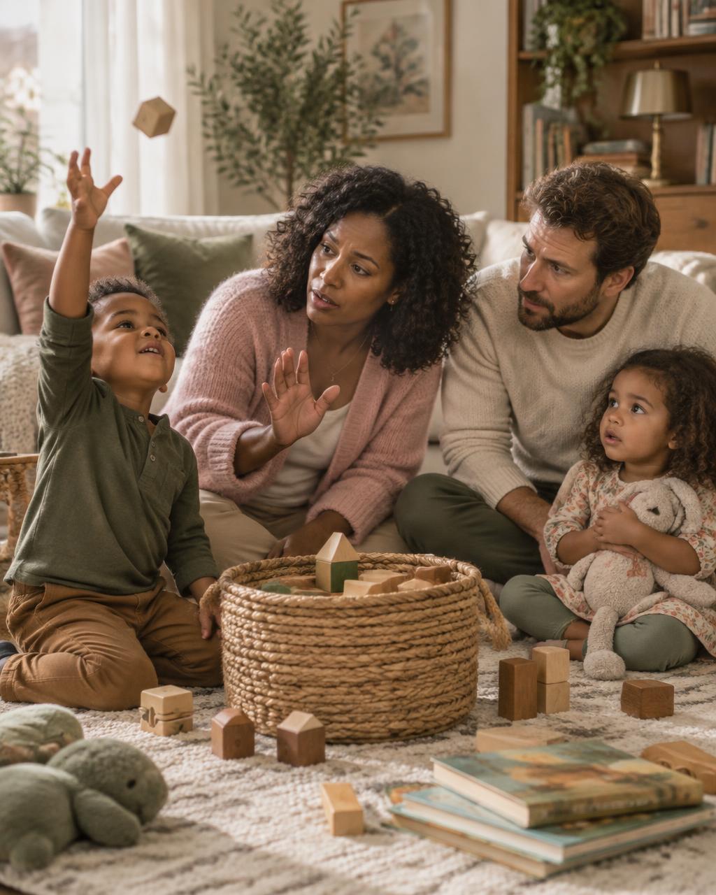 A mother and father sitting on the floor with their two young children around a woven basket of wooden blocks, the little boy tossing a toy as both parents lean in toward him