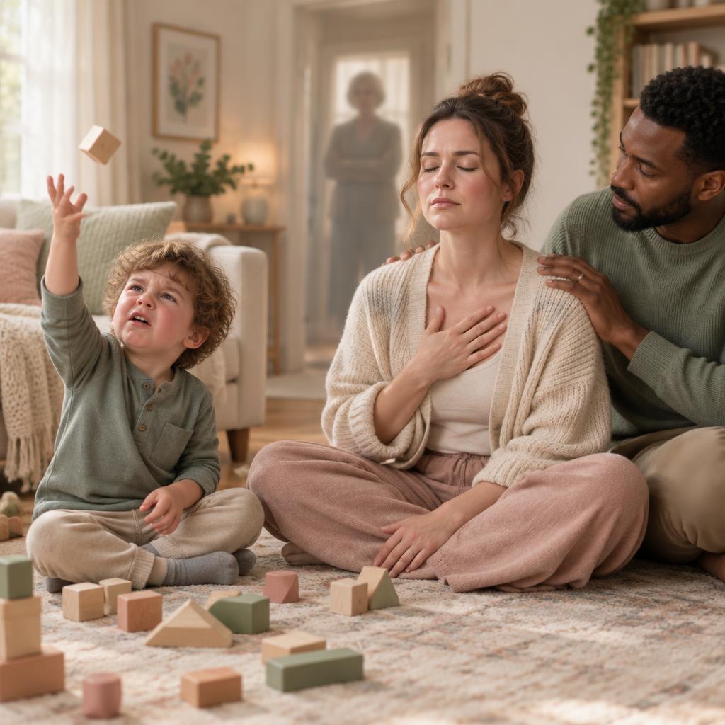 A young boy tossing a wooden block into the air with big feelings, a white mother beside him taking a slow steadying breath with a hand on her chest, a Black father resting supportive hands on her shoulders, and the faint translucent figure of a stern older woman in the background doorway