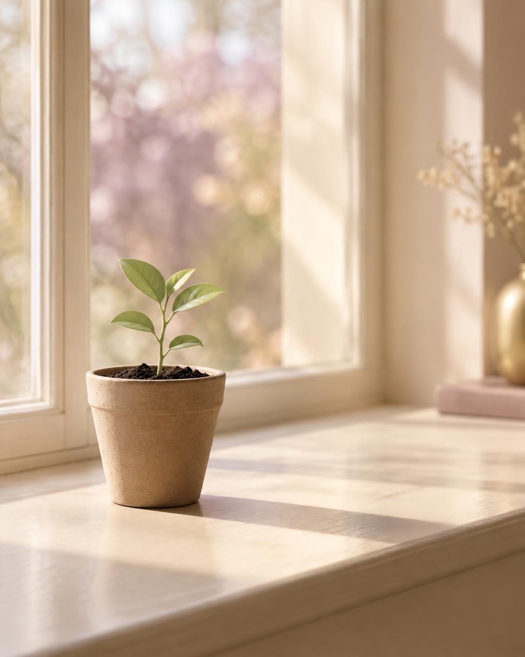 A small seedling in a clay pot on a pale wooden windowsill